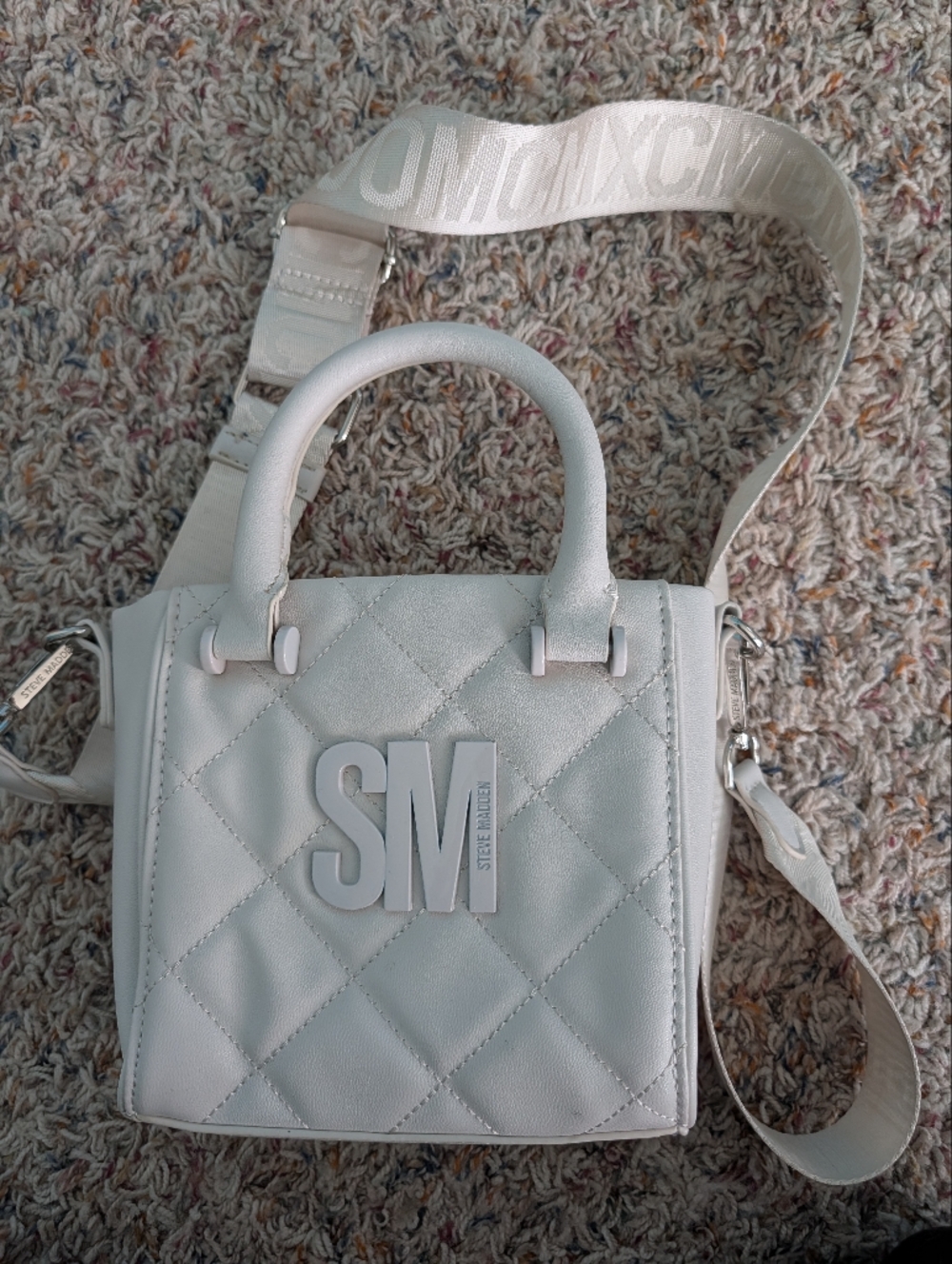 Steve Madden White Quilted Top-Handle Satchel with Detachable Strap